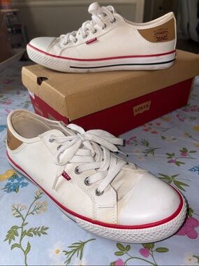 Levi's White Canvas Low-Top Sneakers with Red Accents and Tan Heel Patch Size 10